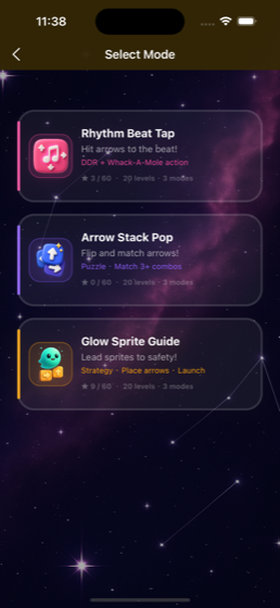 Select Mode screen with Rhythm Beat, Stack Pop, and Glow Sprite