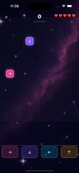 Rhythm Beat Tap gameplay with falling arrow lanes